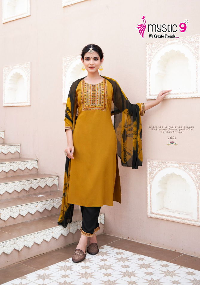 Janki Vol 1 By Mystic 9 Rayon Embroidery Kurti With Bottom Dupatta Wholesale Shop In Surat